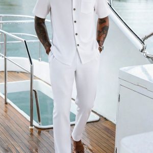Men's Summer Yacht Vacation 2-Piece Set - Short Sleeve Button-Down Shirt & Pants